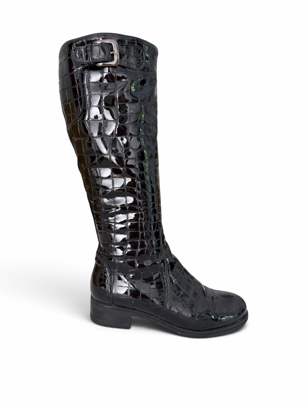 LA CANADIENNE Black Croc Embossed Patent Leather Knee High Boots size 7 M